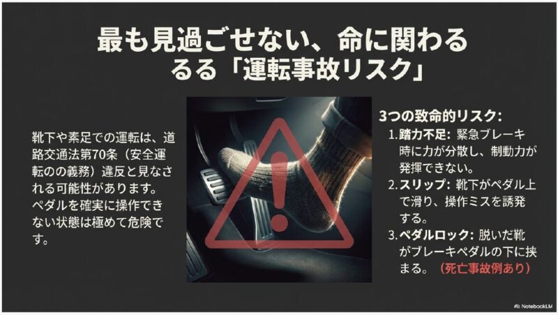 靴下で車のペダルを踏む足元のイラストと警告マーク。踏力不足、スリップ、ペダルロックなど、土禁運転が引き起こす事故リスクの解説
