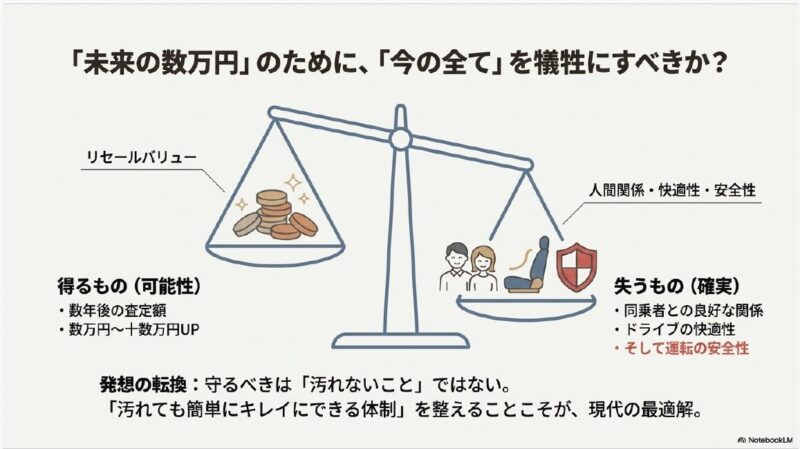 車の査定額アップというメリットと、同乗者との関係悪化や安全性低下というデメリットを比較した天秤のイラスト