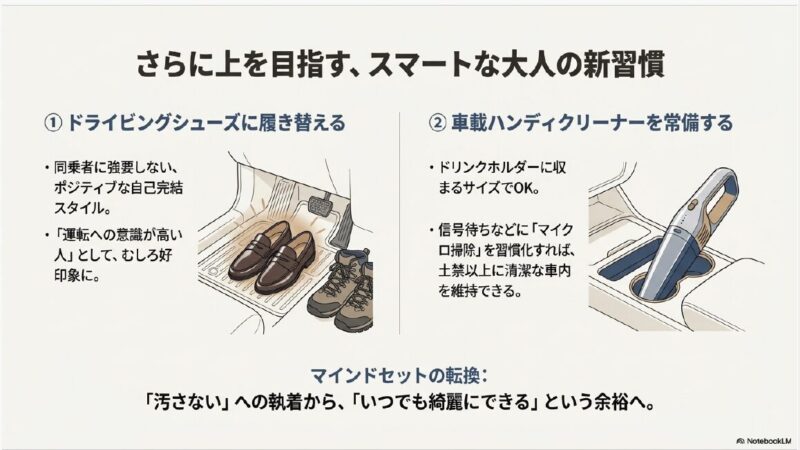 運転席に置かれたドライビングシューズと、車載ハンディクリーナーのイラスト。汚さない執着を捨て、いつでも綺麗にする習慣への転換