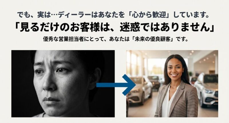 不安な顔をする客と笑顔で迎える営業担当者の対比。「実は心から歓迎しています」「未来の優良顧客です」というメッセージ資料 。