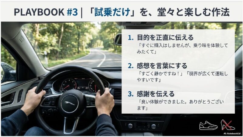 運転席からの視点画像。目的を正直に伝える、感想を言葉にする、感謝を伝えるという試乗時の3つの行動指針