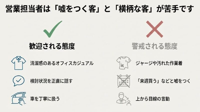 チェックマークとバツマークの比較図。清潔感のあるオフィスカジュアルや正直な態度は歓迎され、嘘や横柄な態度は警戒されることを示したリスト