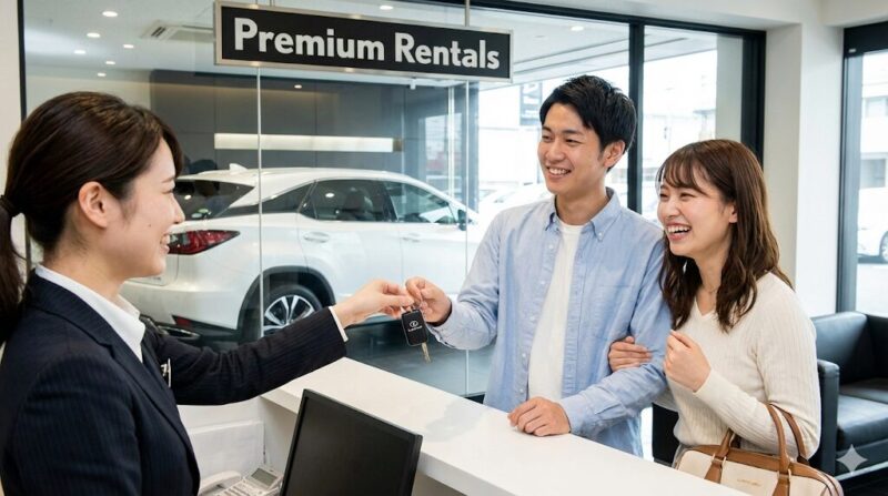レンタカー店で高級SUVの鍵を受け取るカップル。特別なデートのために車を借りる賢い選択を表現
