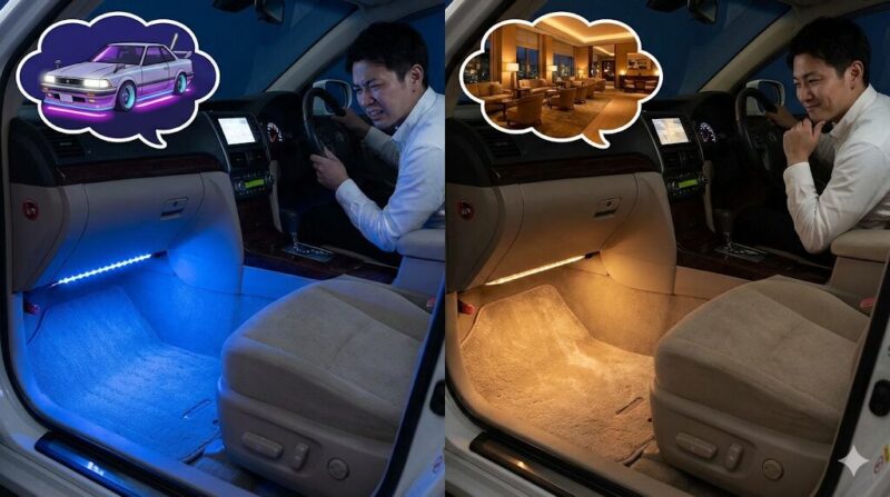 ダサいとされる青色LEDフットライトと、高級感のある電球色間接照明の比較。青い光はヤンキー車のネオンを想起させ、電球色は落ち着いた雰囲気を演出している様子。