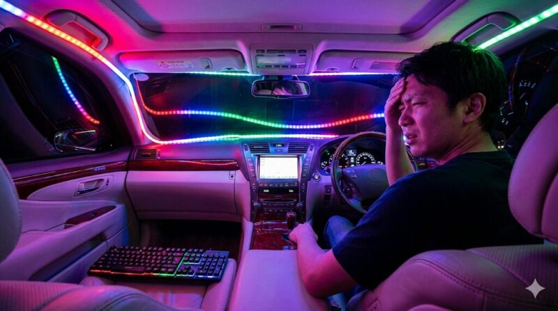 高級感のある車内がRGB LEDフットライトで七色に点滅し、ゲーミングPCのように混沌とした雰囲気になっている様子。ドライバーが困惑している。