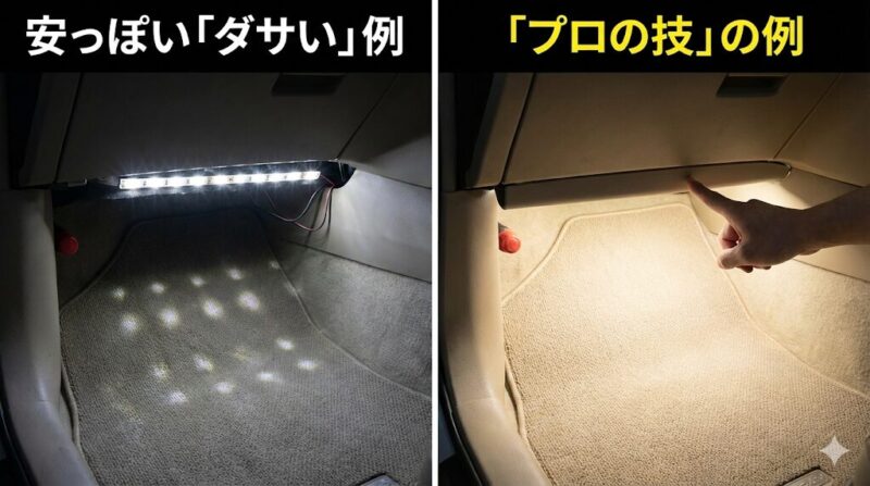 LEDフットライトの取り付け比較。左はLEDチップの粒が丸見えで安っぽい「ダサい」例。右は光源が隠蔽され、均一で柔らかい光が間接的に照射されている「プロの技」の例。