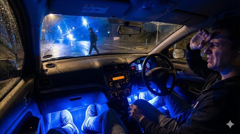 運転席からの視点。足元の青色フットライトが明るすぎてフロントガラスに激しく映り込み、夜道の歩行者が見えにくくなっている危険な状況。ドライバーが眩しそうに目を覆っている。