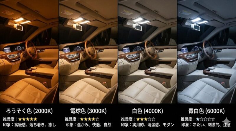 高級車内でのLED色温度比較チャート。左から「ろうそく色(2000K)」「電球色(3000K)」「白色(4000K)」「青白色(6000K)」の点灯時の様子と、それぞれの推奨度・印象を記載。