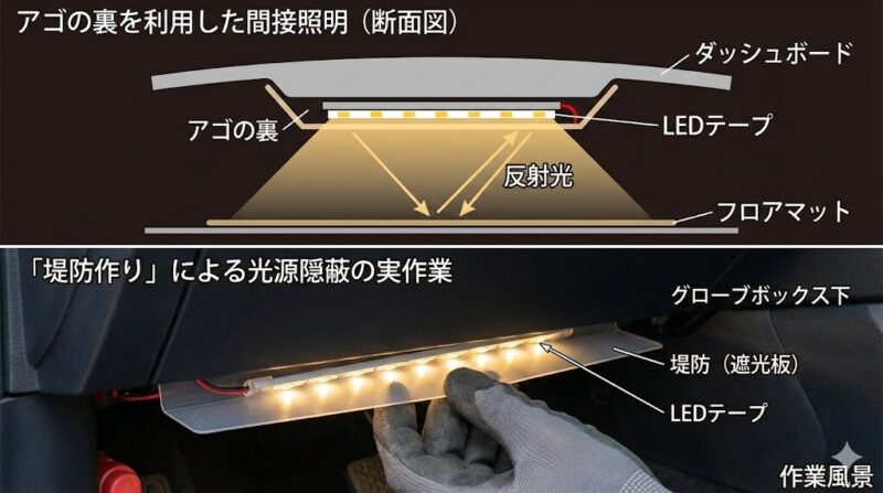 LEDフットライトの光源を隠す取り付けテクニックの解説図。上部は「アゴの裏」を利用した間接照明の断面図、下部は「堤防作り」による光源隠蔽の実作業写真。