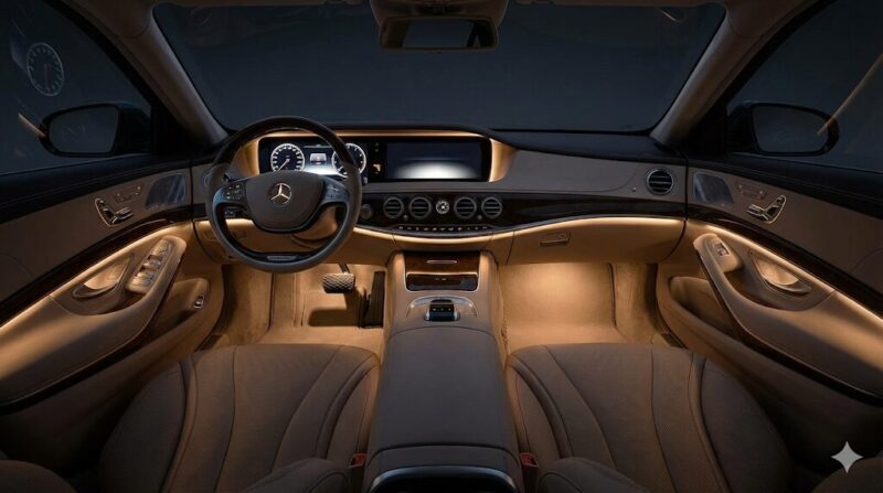 メルセデス・ベンツSクラスの車内。光源が完全に隠された、柔らかく上質な「ろうそく色」の間接アンビエントライトが点灯し、高級感あふれる落ち着いた雰囲気を醸し出している。