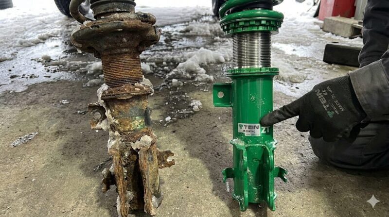 雪道走行後のサスペンション比較。左側は錆びて腐食した一般的なダンパー、右側はTEINのZTコートが施され錆びていない緑色のダンパー