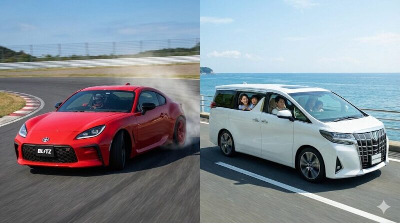 左半分はサーキットを走行するBLITZ装着のトヨタGR86、右半分は海岸線を快適にドライブする家族乗車のTEIN装着トヨタアルファードの分割画像。