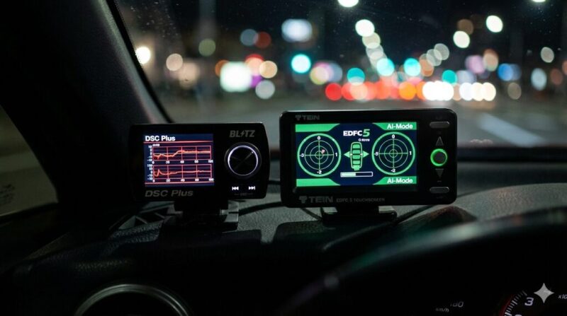 夜間の車内ダッシュボードに設置された、BLITZ DSC Plus(左)とTEIN EDFC 5(右)の電子制御サスペンションコントローラー