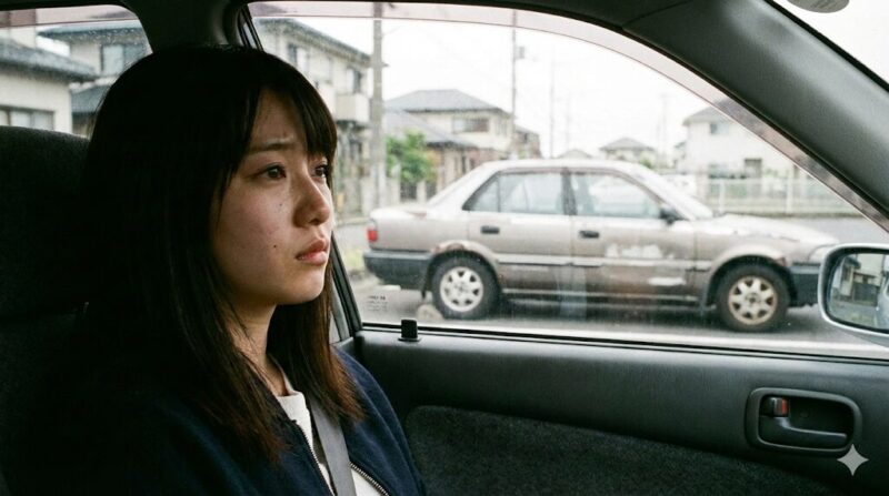 助手席で物憂げな表情を浮かべる女性。窓の外には古いセダンが見え、彼氏の車に対する複雑な心境を表現