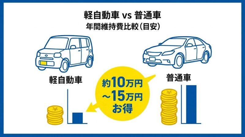 軽自動車と普通車の年間維持費比較のインフォグラフィック。軽自動車が約10万円〜15万円お得であることを示している。