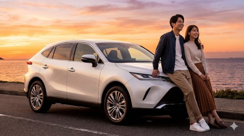 夕暮れの海岸に駐車した人気のSUVと、その横で笑顔を見せるカップル。女性が憧れる理想的なデートカーのイメージ