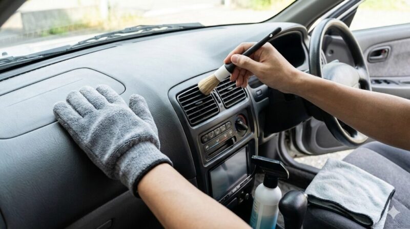 車の内装を丁寧に掃除している様子。ダッシュボードを拭く手と、エアコンの吹き出し口をブラシで掃除する手が写っている。
