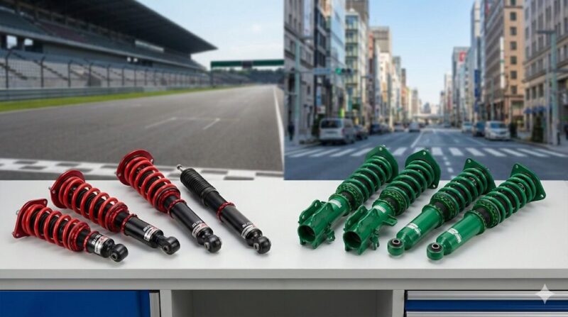 サーキットと街並みを背景に並べられたBLITZ(赤色)とTEIN(緑色)の車高調キットの製品イメージ