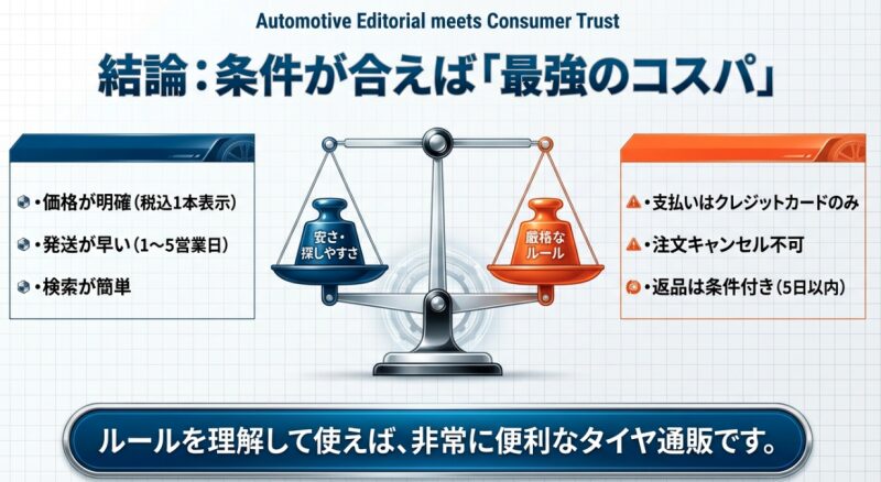 安さと探しやすさのメリットと、厳格なルールのデメリットを天秤にかけたイラスト。ルールを理解して使えば最強のコスパ。