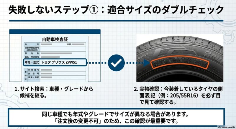 失敗しないステップ1：適合サイズのダブルチェック。サイト検索だけでなく、実車のタイヤ側面の表記を目視で必ず確認する。