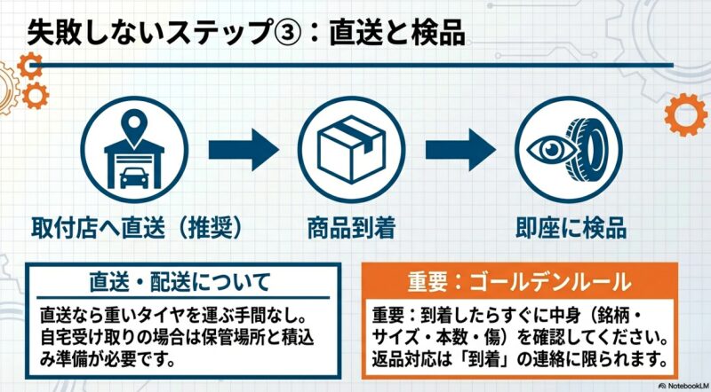 失敗しないステップ3：直送と検品。取付店への直送を推奨。到着したらすぐに中身や傷を目視で即座に検品することが重要。