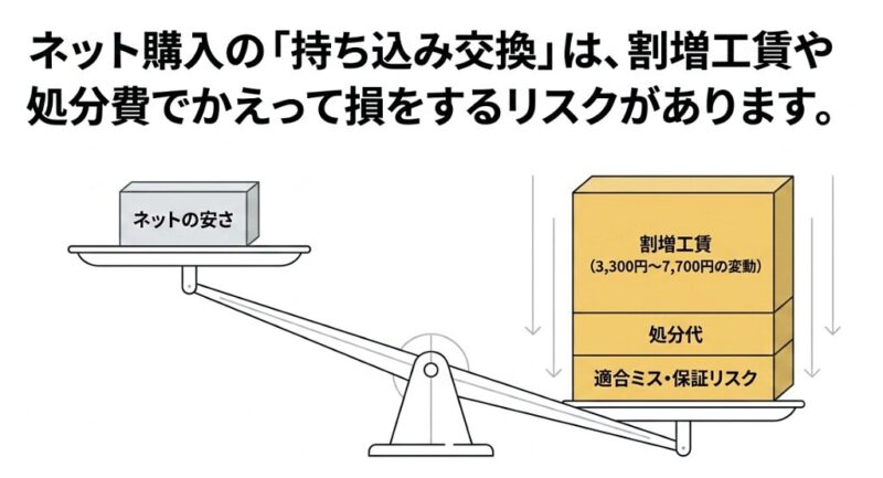 ネット通販の安さと、割増工賃や処分代・適合ミスなどの持ち込みリスクを比較した天秤のイラスト
