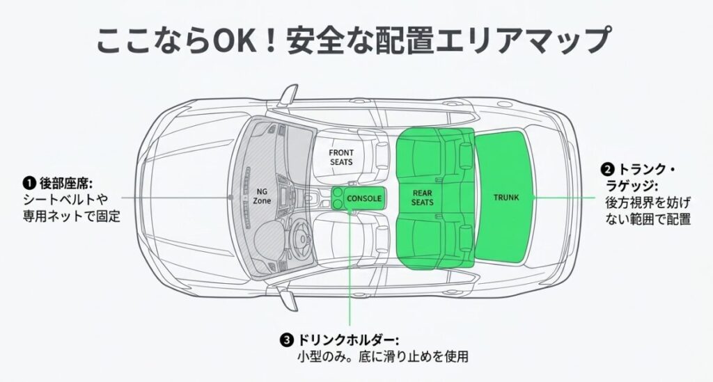 車を上から見た図で、ダッシュボード周辺をNGゾーンとし、後部座席、ドリンクホルダー、トランク・ラゲッジを安全な配置エリアとして示したマップ