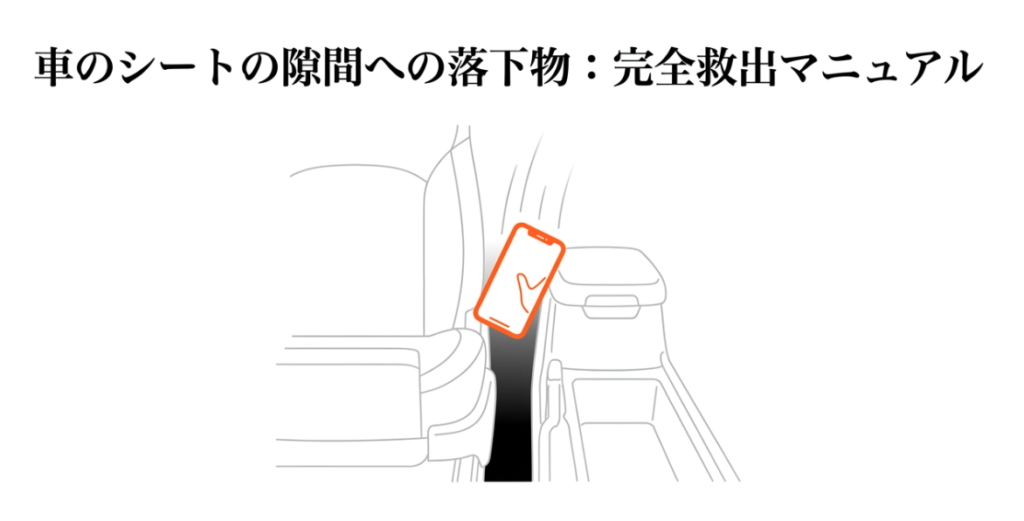 車のシートの隙間にスマートフォンが落下していくイラストと、「車のシートの隙間への落下物:完全救出マニュアル」というテキスト。