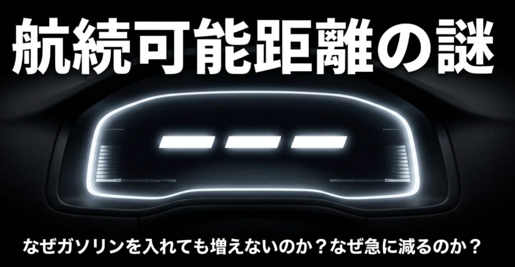 航続可能距離の謎である「なぜガソリンを入れても増えないのか？」「なぜ急に減るのか？」という疑問を提示した記事のタイトルスライド。