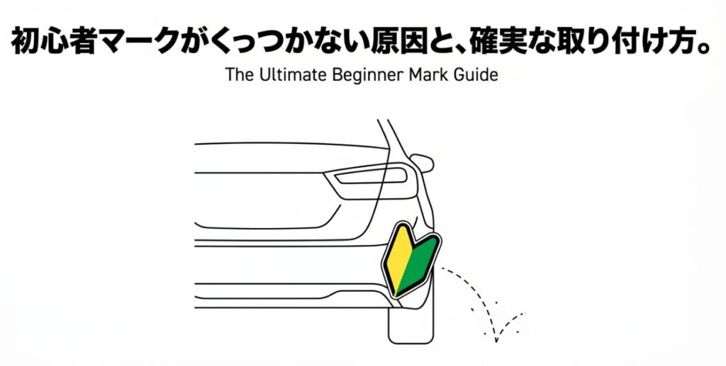 車から初心者マークが落ちるイラストとともに、くっつかない原因や確実な取り付け方を解説する記事の表紙スライド。
