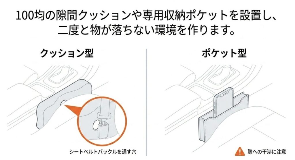 100均の隙間クッションや専用収納ポケットを設置し、二度と物が落ちない環境を作る対策アイテムのイラスト