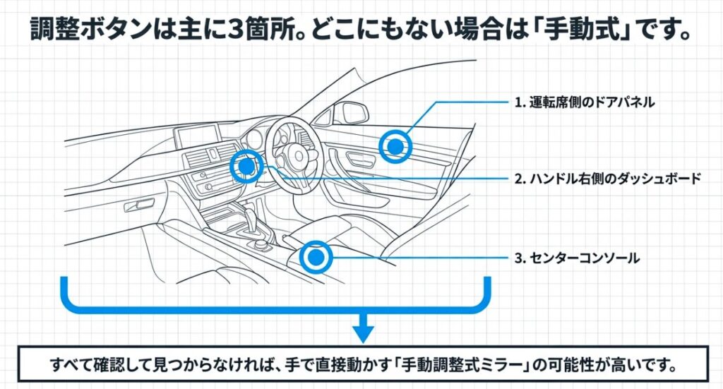サイドミラー調整ボタンの主な3つの配置場所（運転席側ドアパネル、ハンドル右側ダッシュボード、センターコンソール）の図解