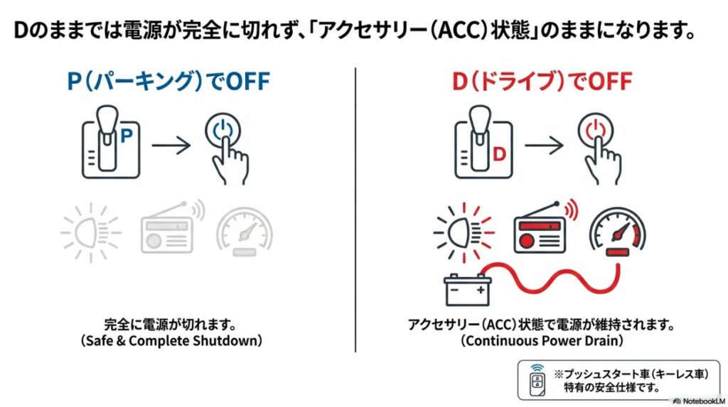 ドライブのままエンジンを切ることで電力が消費され、バッテリー上がりやシステム故障を引き起こすメカニズムの図解