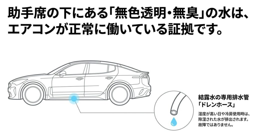 車の助手席下から無色透明のエアコン結露水が排出されている様子とドレンホースの位置を示す図