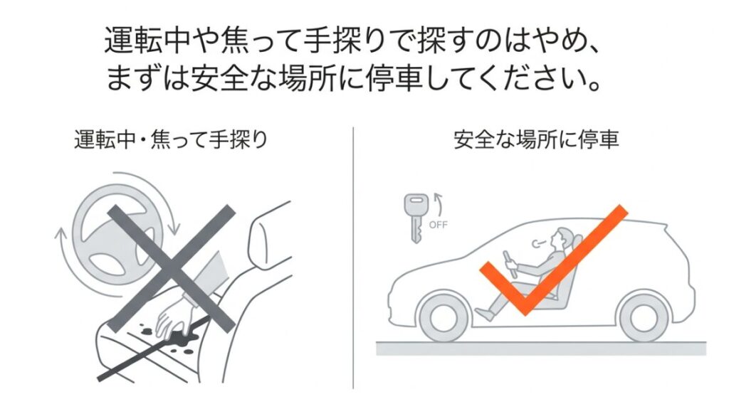 運転中や焦って手探りで探すのはやめ、まずは安全な場所に停車してくださいという注意喚起のイラスト。