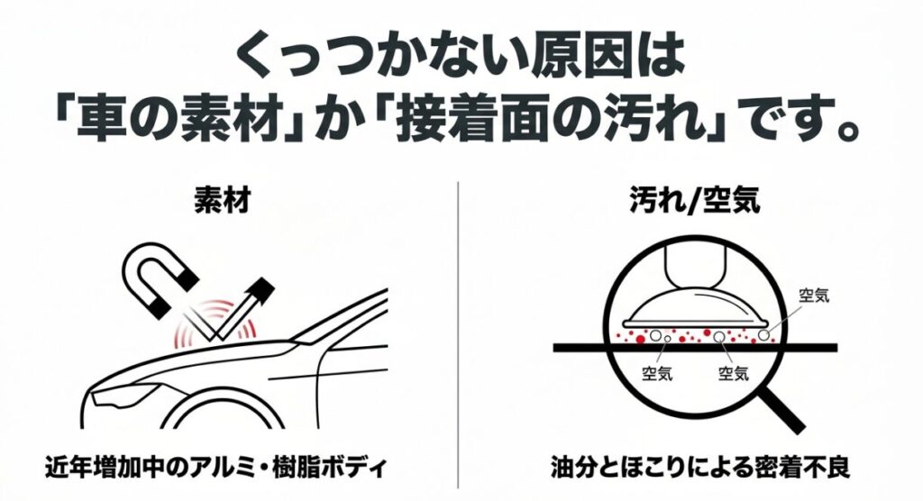 初心者マークがくっつかない原因は、近年増加中のアルミ・樹脂ボディといった車の素材か、油分とほこりによる空気の侵入などの密着不良であることを解説した図解。