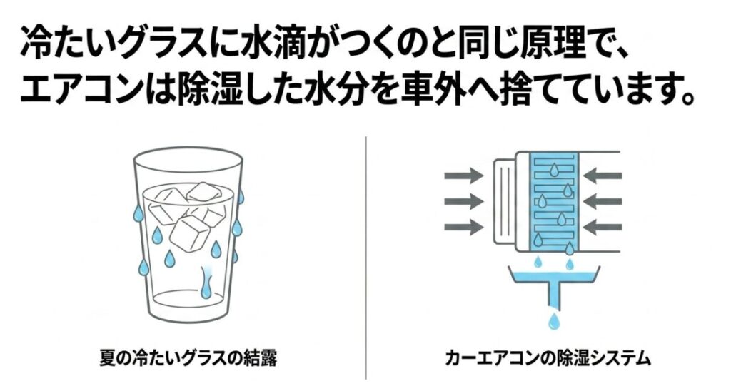 冷たいグラスに水滴がつく原理と同じ、カーエアコンの除湿システムと結露が発生する仕組みの解説図