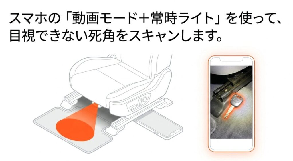 スマホの「動画モード+常時ライト」を使って、目視できない死角をスキャンしている図解。