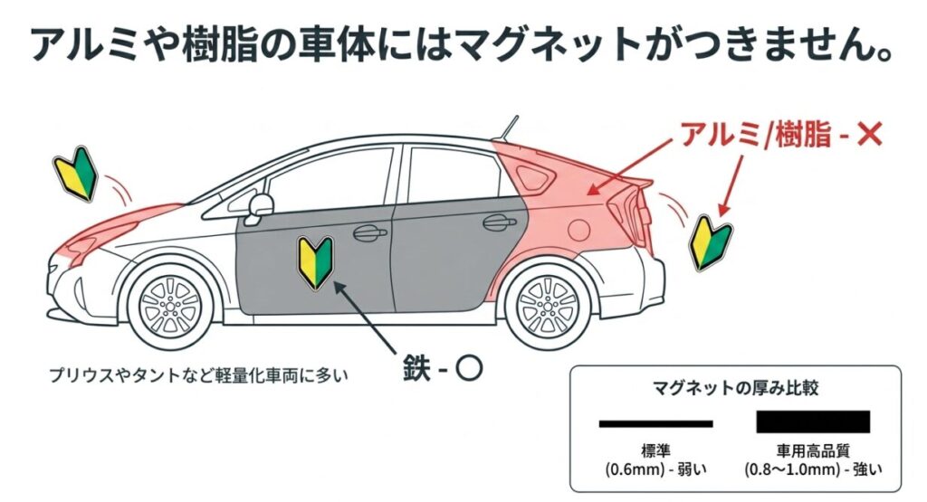 プリウスやタントなど軽量化されたアルミや樹脂の車体にはマグネットがつかないことと、標準の0.6mm厚よりも車用高品質の0.8mmから1.0mm厚の方が吸着力が強いことを比較したスライド。