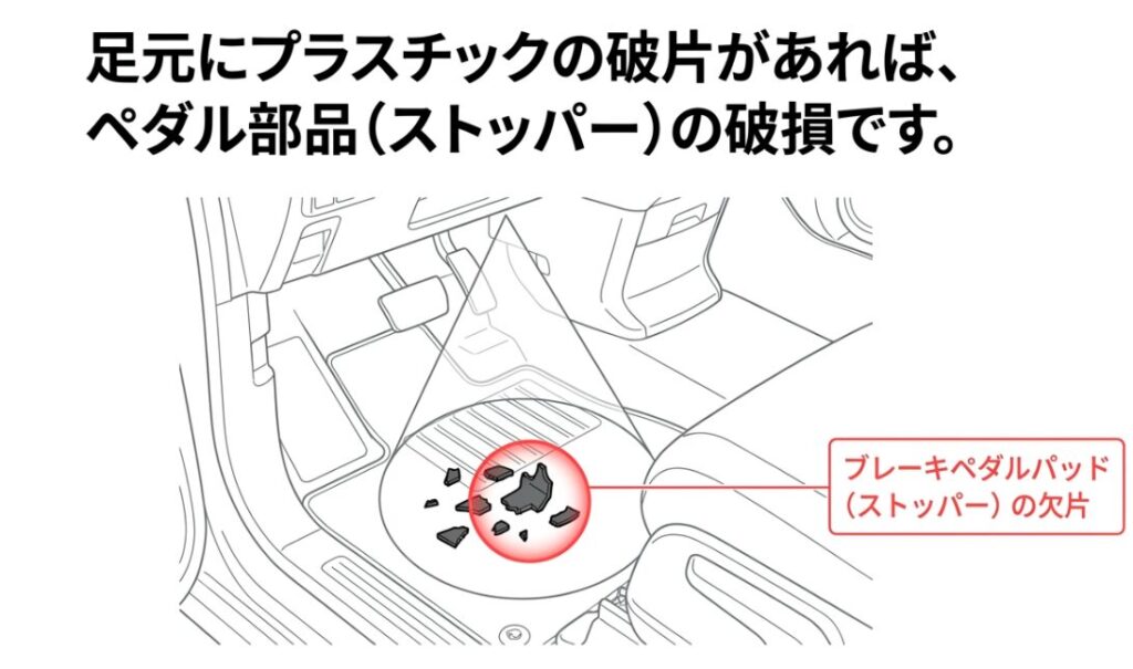 足元に落ちているブレーキペダルパッド(ストッパー)の破片画像