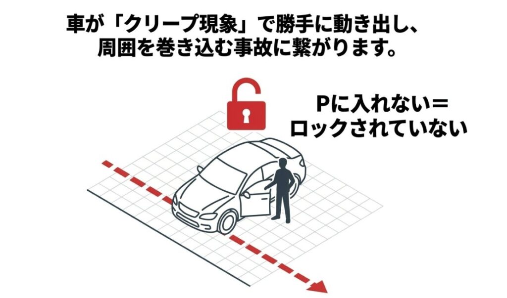 Pレンジに入れないまま車を降りた際に、クリープ現象で車が勝手に動き出す事故のリスクを示す図