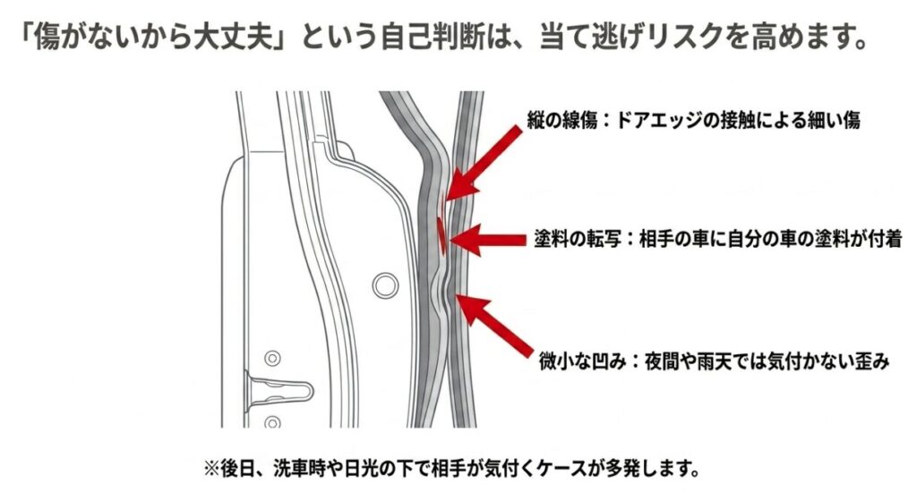 ドアエッジの縦の線傷や塗料の転写、微小な凹みなどドアパンチ特有の傷の特徴を図解
