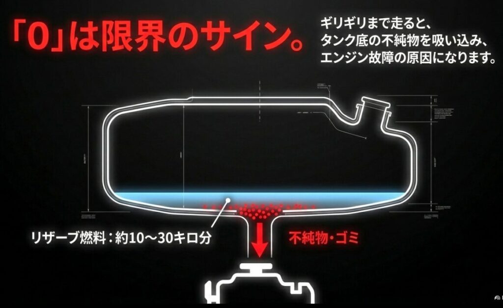 航続可能距離が0になっても約10〜30キロのリザーブ燃料で走れるが、タンク底の不純物を吸い込みエンジン故障の原因になるリスクを解説した図解。