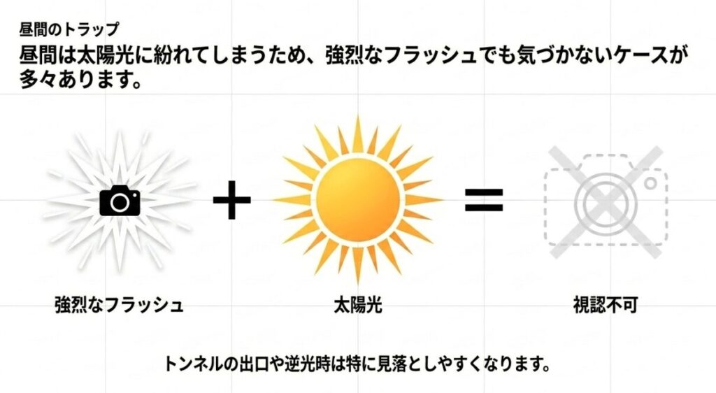 昼間は強烈なフラッシュでも太陽光に紛れて視認不可になりやすく、特にトンネル出口や逆光時は見落としやすいことを解説したスライド