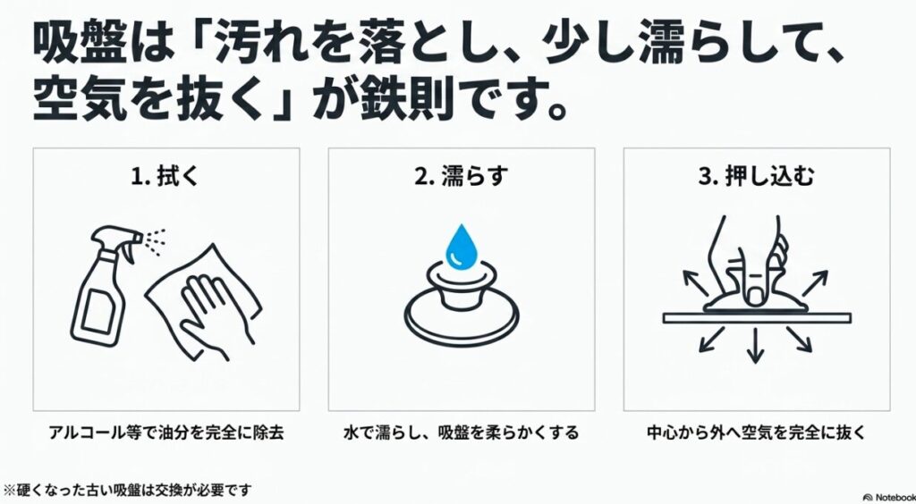 吸盤タイプの初心者マークを貼る鉄則として、アルコール等で油分を完全に拭き落とし、水で少し濡らして柔らかくし、中心から外へ空気を完全に抜き切るという3ステップを図解。
