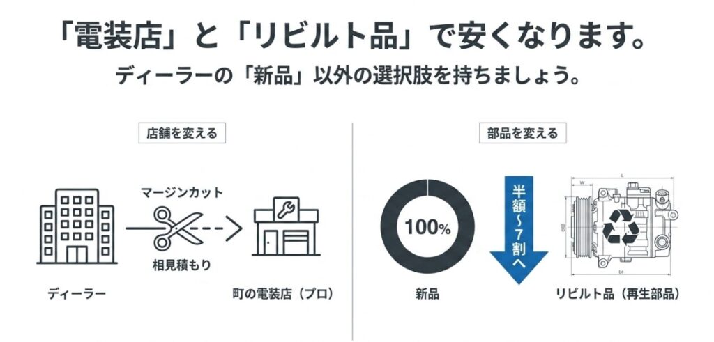 ディーラーから町の電装店への変更やリビルト品（再生部品）の活用でエアコン修理費用を安くする方法を図解したスライド