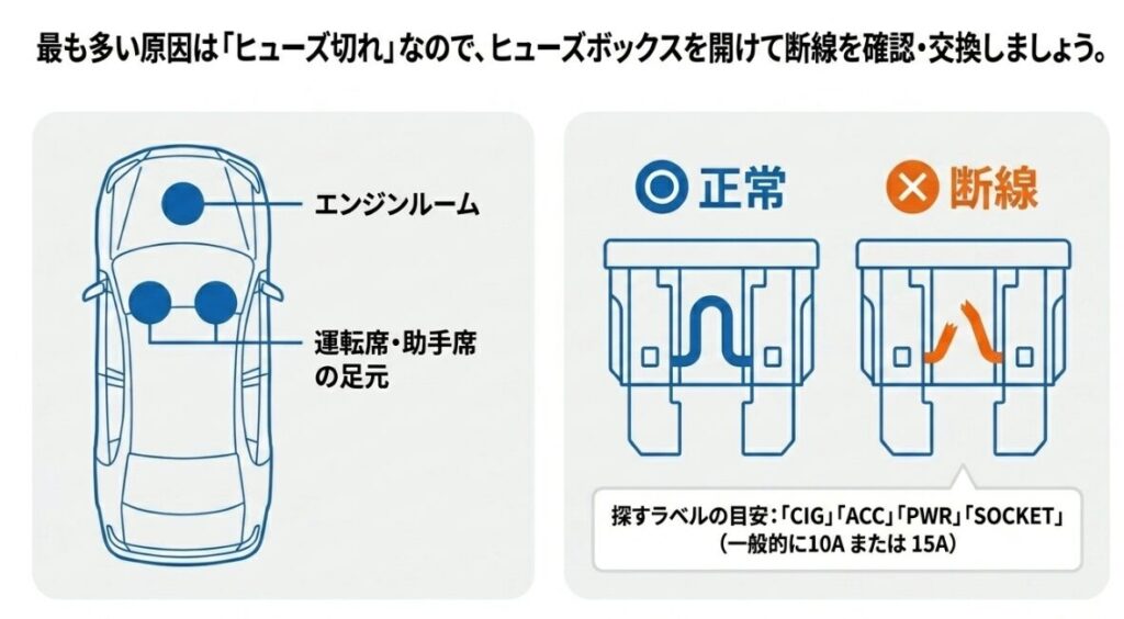車のヒューズボックスの場所(エンジンルーム・足元)とシガーソケット用ヒューズの断線確認方法