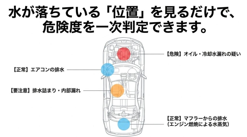 車の助手席下、真ん中、エンジンルーム下など、水が落ちている位置からマフラーの排水やオイル漏れなどの危険度を判定する図