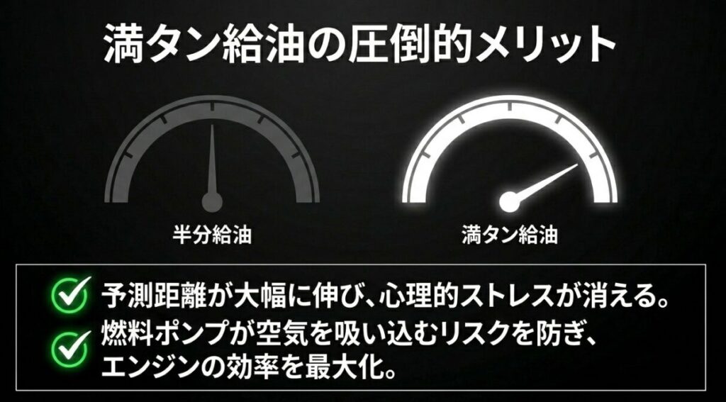 ガソリンを満タン給油することで、航続可能距離が大幅に伸びる心理的メリットや、燃料ポンプが空気を吸い込むリスクを防ぐメリットを解説したスライド。