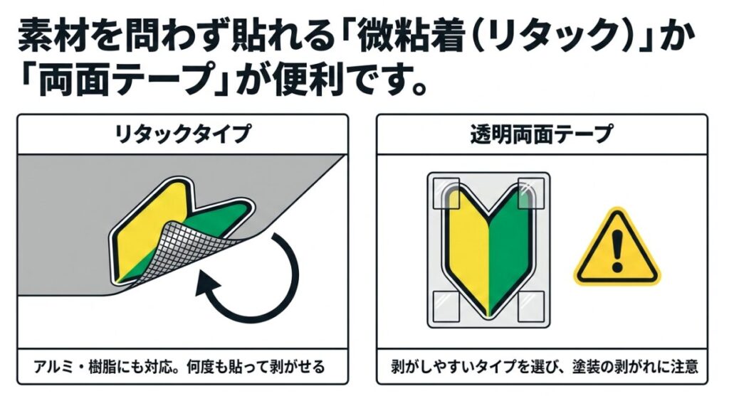 アルミや樹脂素材を問わず貼れて何度も剥がせる微粘着(リタック)タイプと、塗装剥がれに注意が必要な透明両面テープの利便性を紹介したスライド。